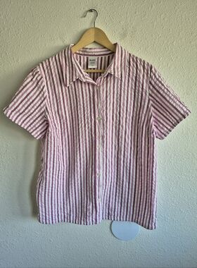 Blair Lavendar Purple White Striped Button Down Shirt Short Sleeve Womens Size L